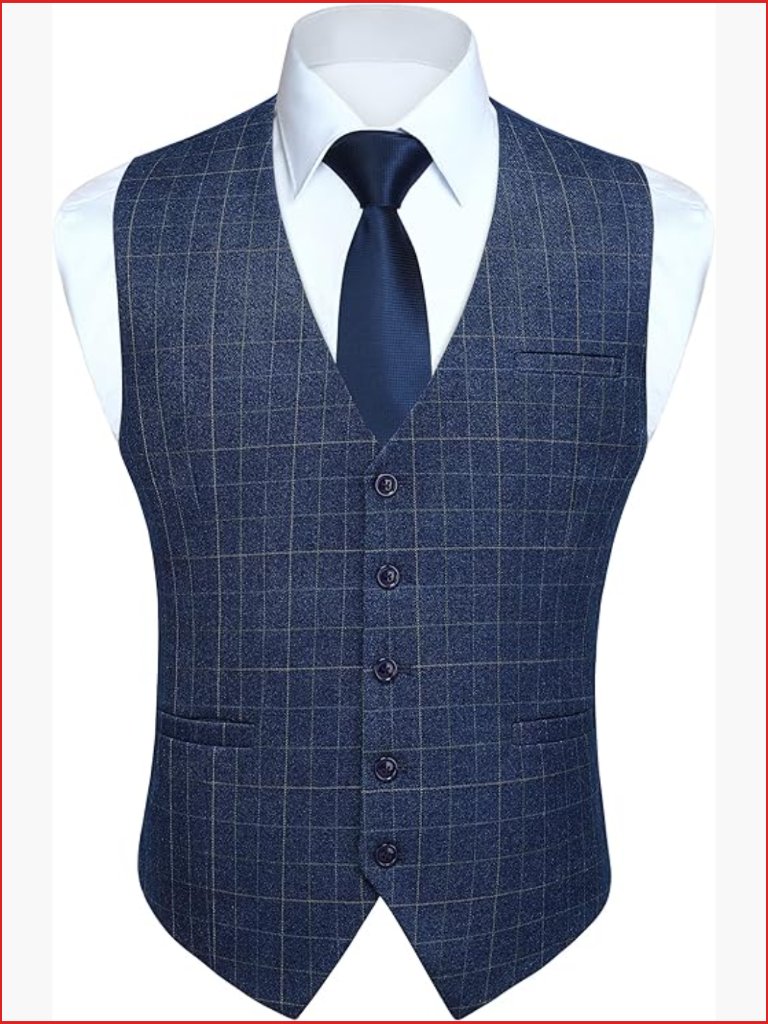 Men's Plaid Vest Slim Fit V-Neck Formal Business Waistcoat Tuxedo Vest With
